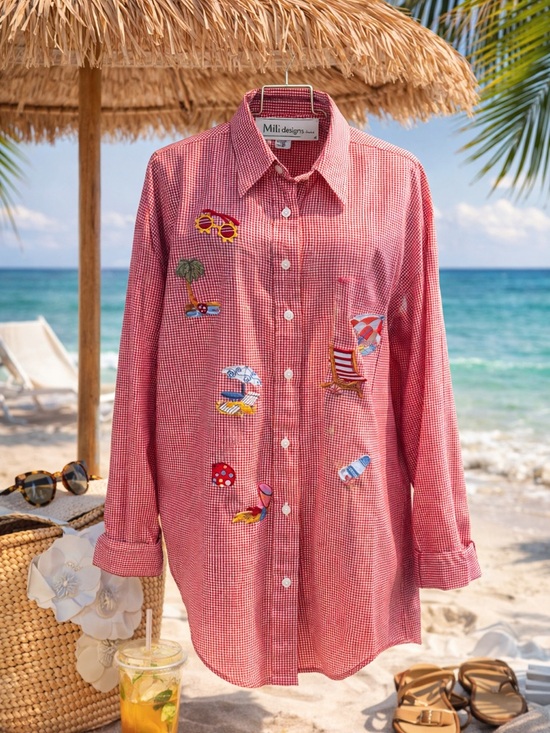 Mili Designs Tops - Coastal Beach Embroidered Gingham Button Down Shirt 1X Vacation Vibes